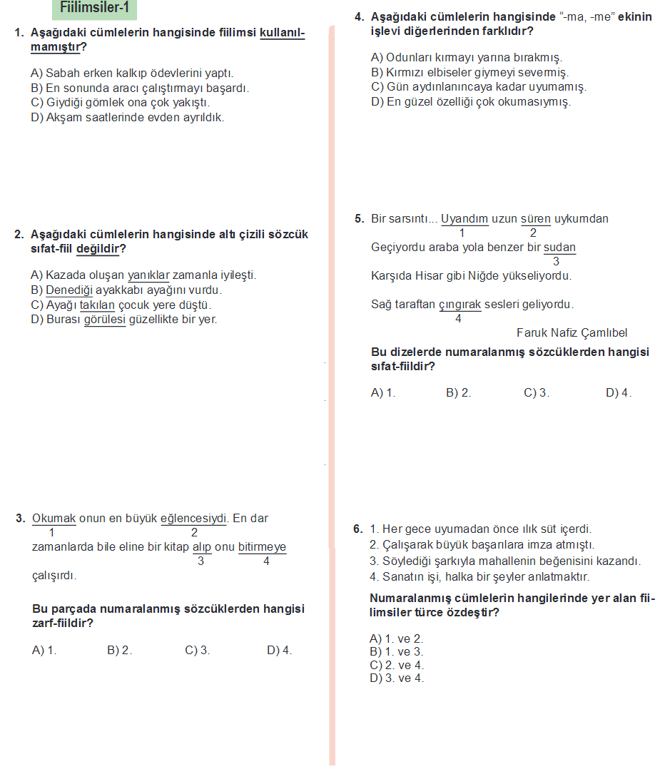 8. Sınıf Türkçe - Fiilimsiler 1 - Konu Testi - Fiilimsiler - Uyanan Gençlik