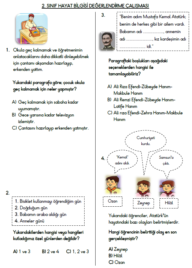 2. Sınıf Hayat Bilgisi - Genel Değerlendirme Testi 1 - 2. Sınıf Hayat