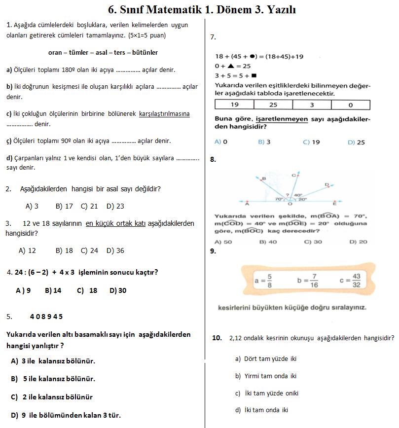 6. Sınıf Matematik 1. Dönem 3. Yazılı Soruları ve Cevapları (2016 - 2