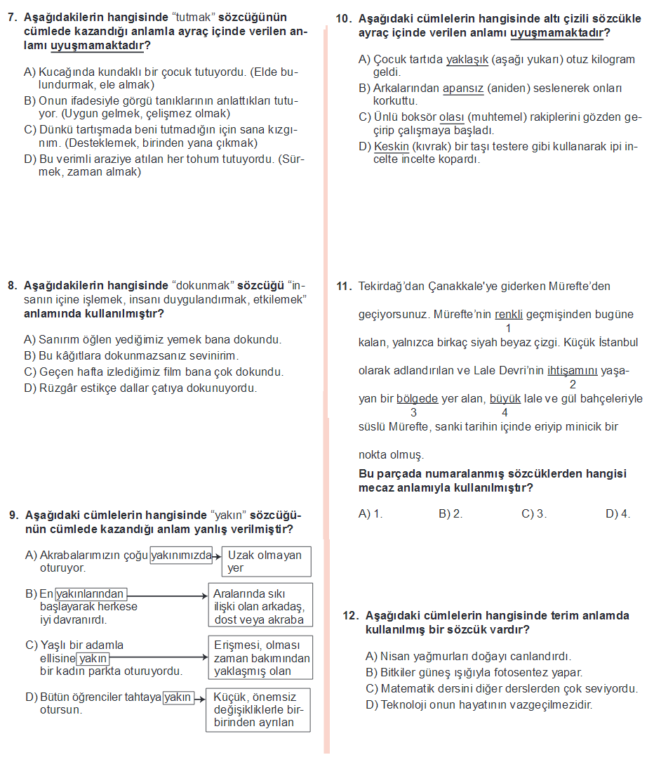 8. Sınıf Türkçe - Sözcükte Anlam - (Çok Anlamlılık 2) - Konu Testi