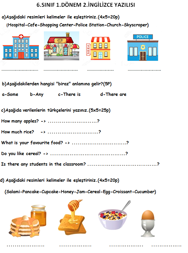 6. Sınıf İngilizce 1. Dönem 2. Yazılı Soruları (2016-1) ve Cevapları