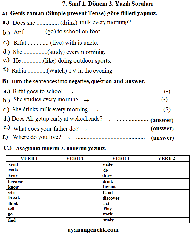 7. Sınıf İngilizce - 1. Dönem 2. Yazılı Soruları Ve Cevapları (2017 - 2)