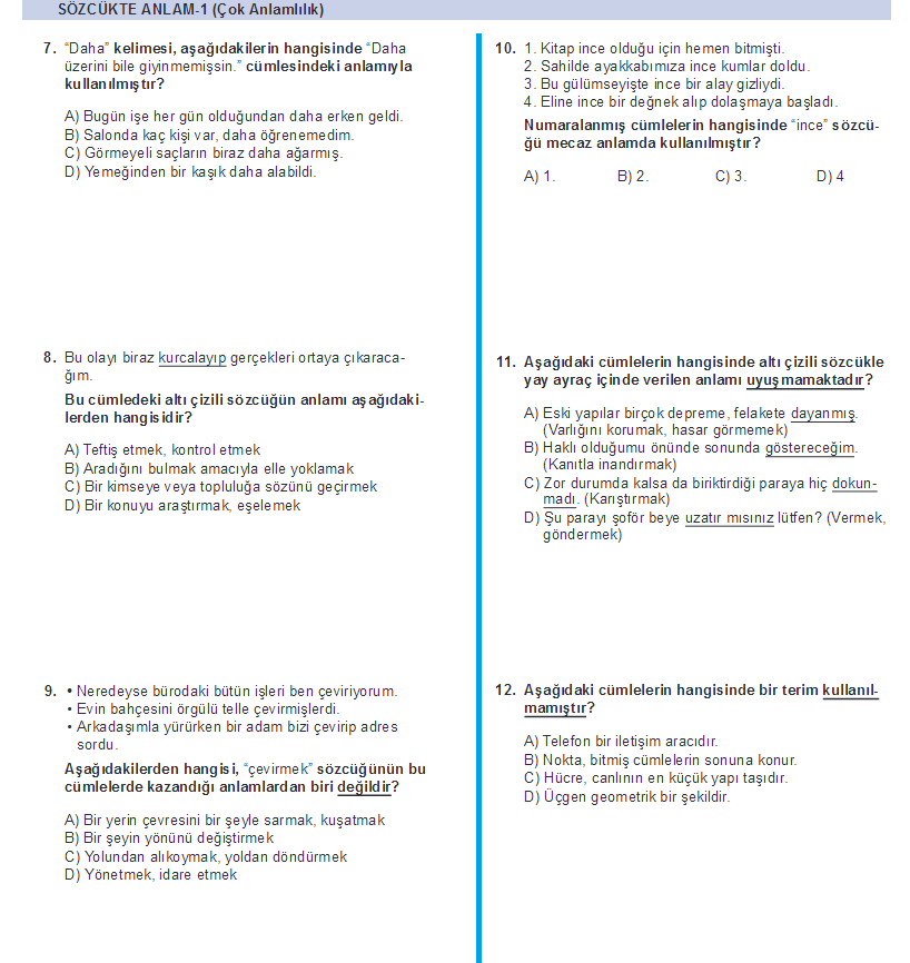 2017 - 5. Sınıf Türkçe - Sözcükte Anlam - Konu Testi 1 - 5. Sınıf