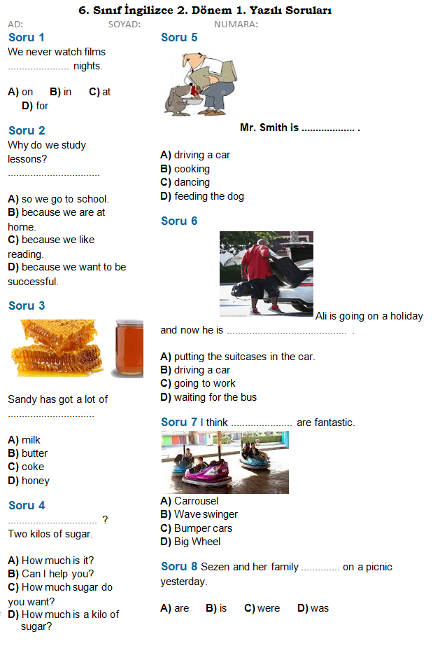 6. Sınıf İngilizce 2. Dönem 1. Yazılı Soruları Ve Cevapları (2016 - 3
