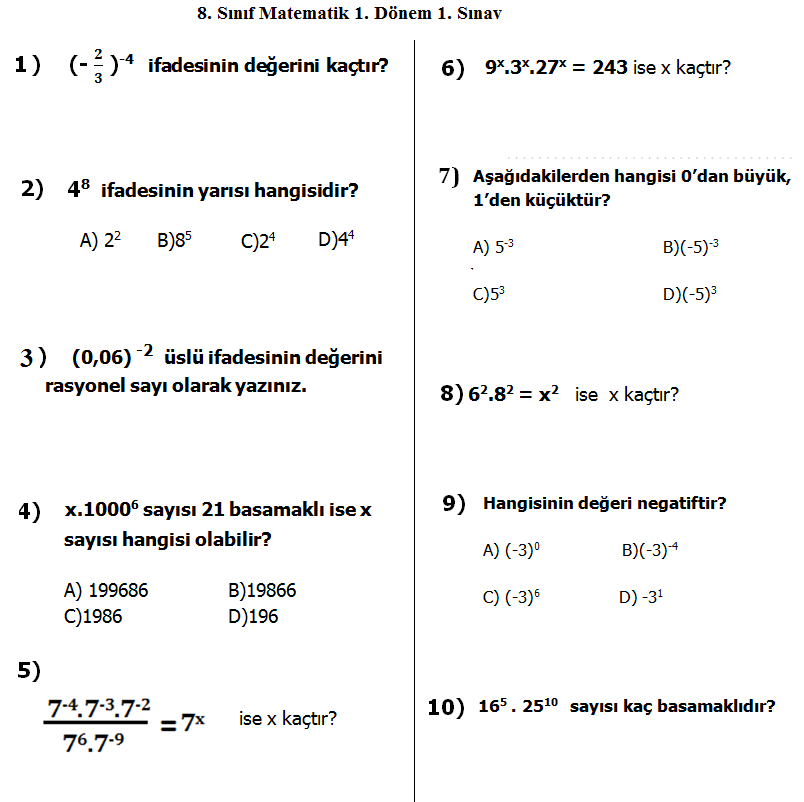 8. Sınıf » Matematik 1. Dönem 1. yazılı soruları (3) - 8. Sınıf