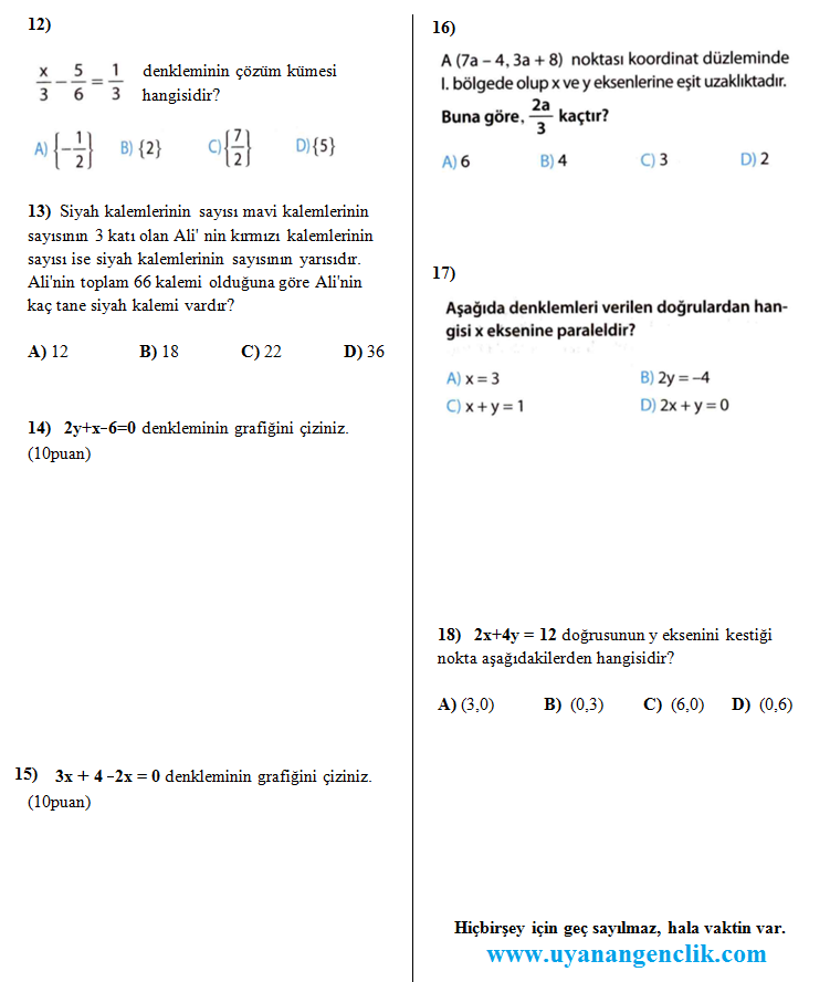 7. Sınıf Matematik - 1. Dönem 3. Yazılı Soruları Ve Cevapları (2016 - 1)