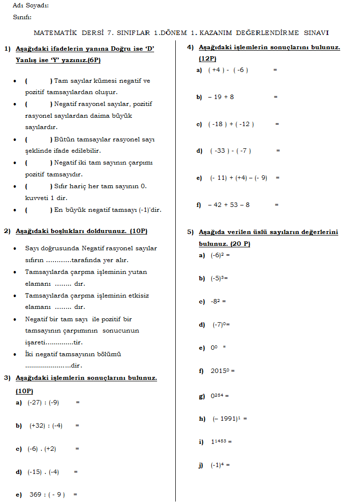 7. Sınıf Matematik - 1. Dönem 1. Yazılı Soruları Ve Cevapları (3)
