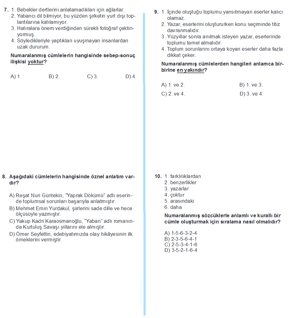 8. Sınıf Türkçe - 1. Dönem 1. Yazılı Soruları ve Cevapları (2016 - 5
