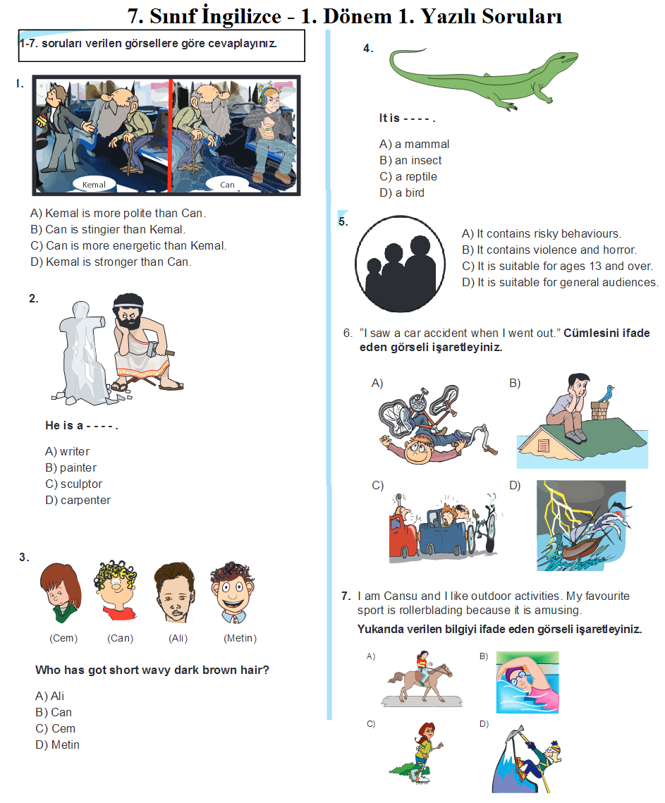 7. Sınıf İngilizce - 1. Dönem 1. Yazılı Soruları Ve Cevapları (2016 - 4