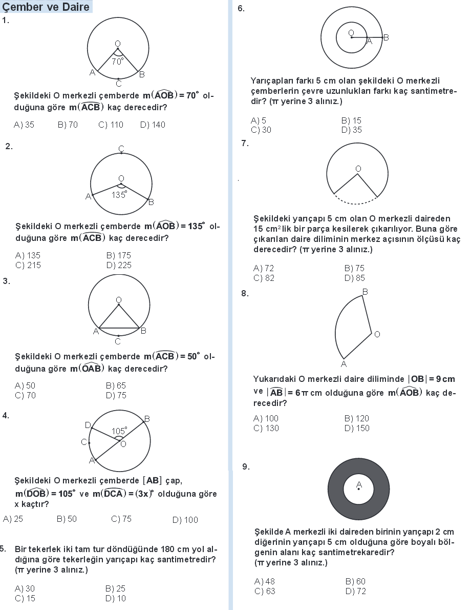 7. Sınıf Matematik - Çember Ve Daire - Konu Testi 1 - Çember ve Daire
