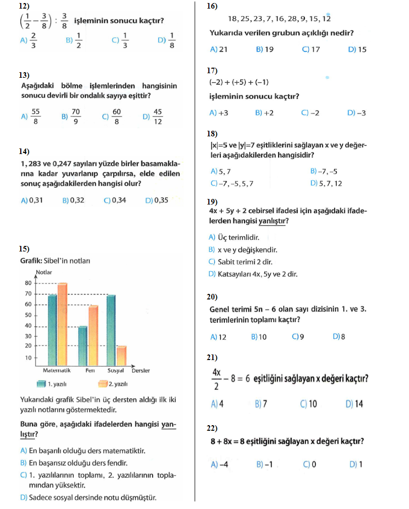 6. Sınıf Matematik 2. Dönem 2. Yazılı Soruları ve Cevapları (2016 - 3